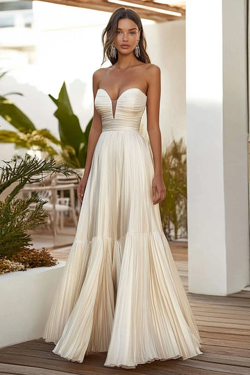 Champagne A Line Strapless Pleated Long Wedding Guest Dress